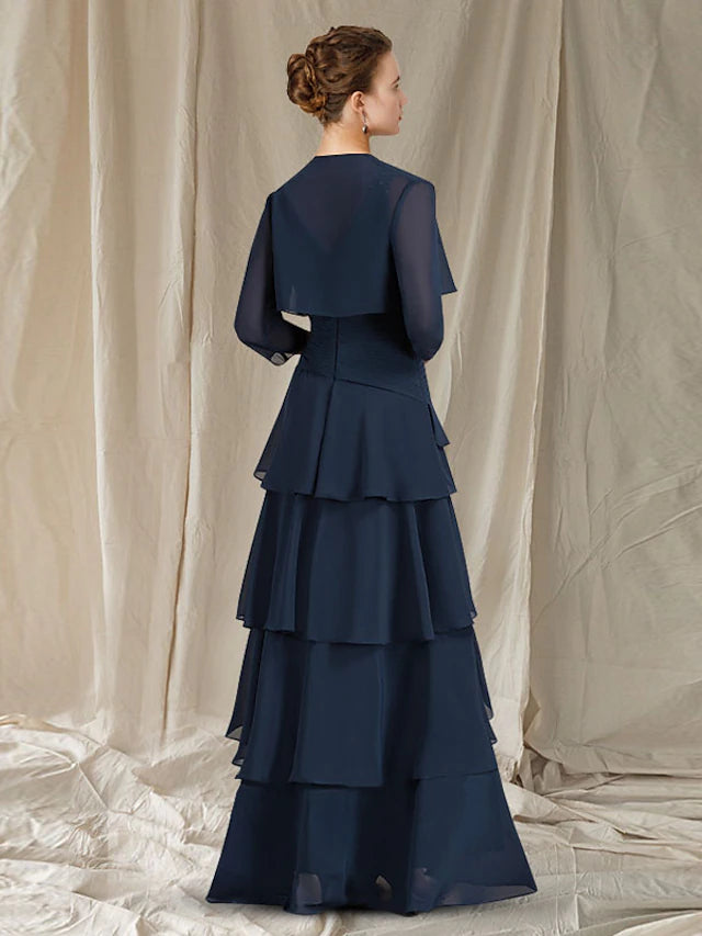 Two Piece A-Line Mother of the Bride Dress Elegant High Low V Neck Asymmetrical Floor Length Chiffon Short Sleeve Wrap Included with Ruched