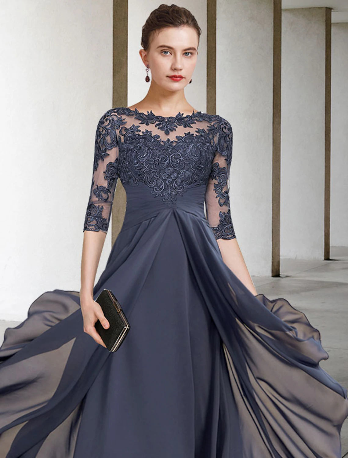 A-Line Mother of the Bride Dress Fall Wedding Guest Plus Size Elegant High Low Jewel Neck Asymmetrical Tea Length Chiffon Lace Half Sleeve with Ruched