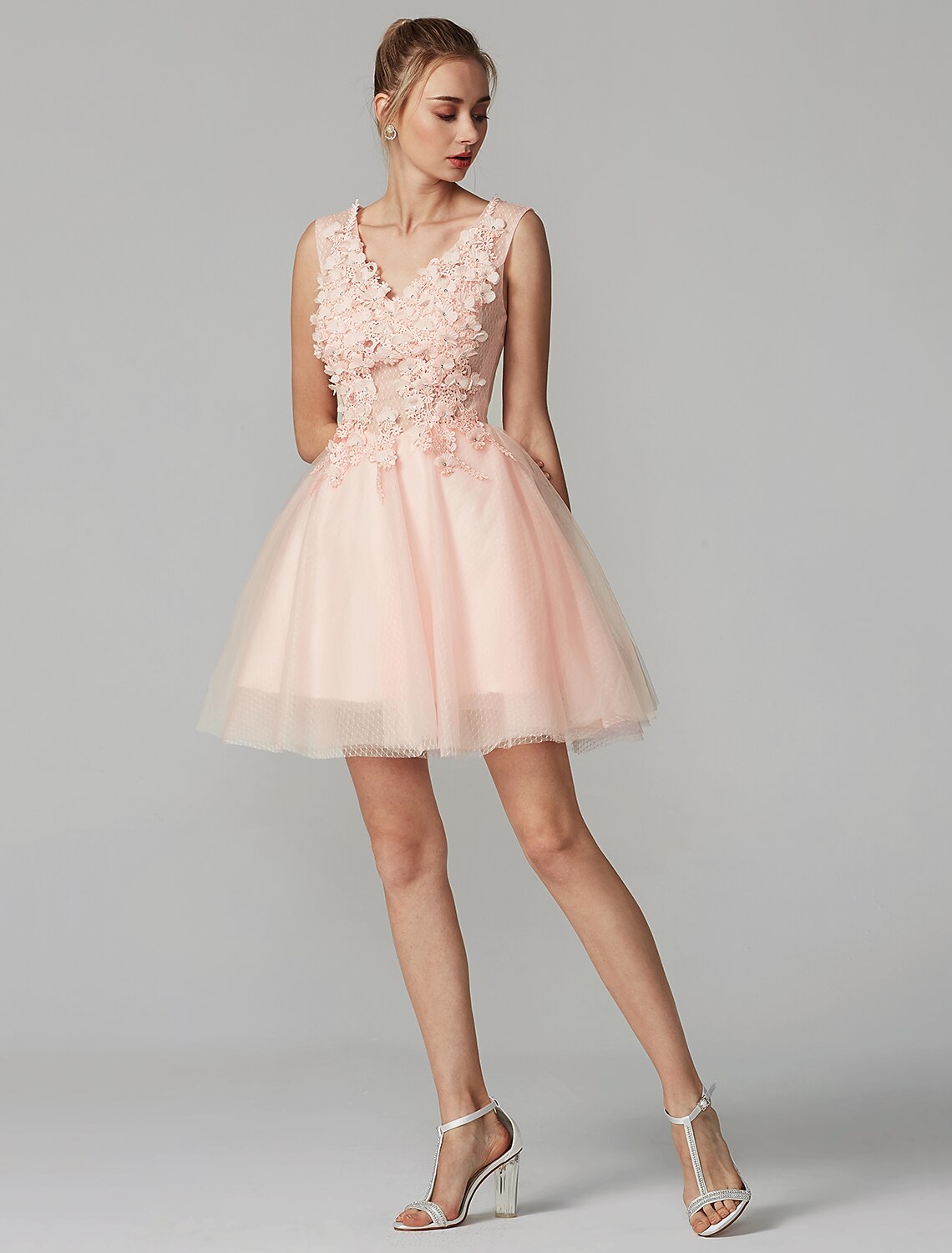 A-Line Party Dress Homecoming Short Sleeveless V Neck Lace Over Tulle with Crystals Appliques
