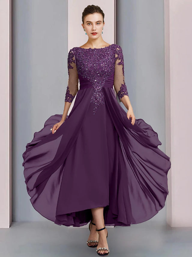 Sheath / Column Mother of the Bride Dress Wedding Guest Party Elegant Scoop Neck Ankle Length Chiffon Lace 3/4 Length Sleeve