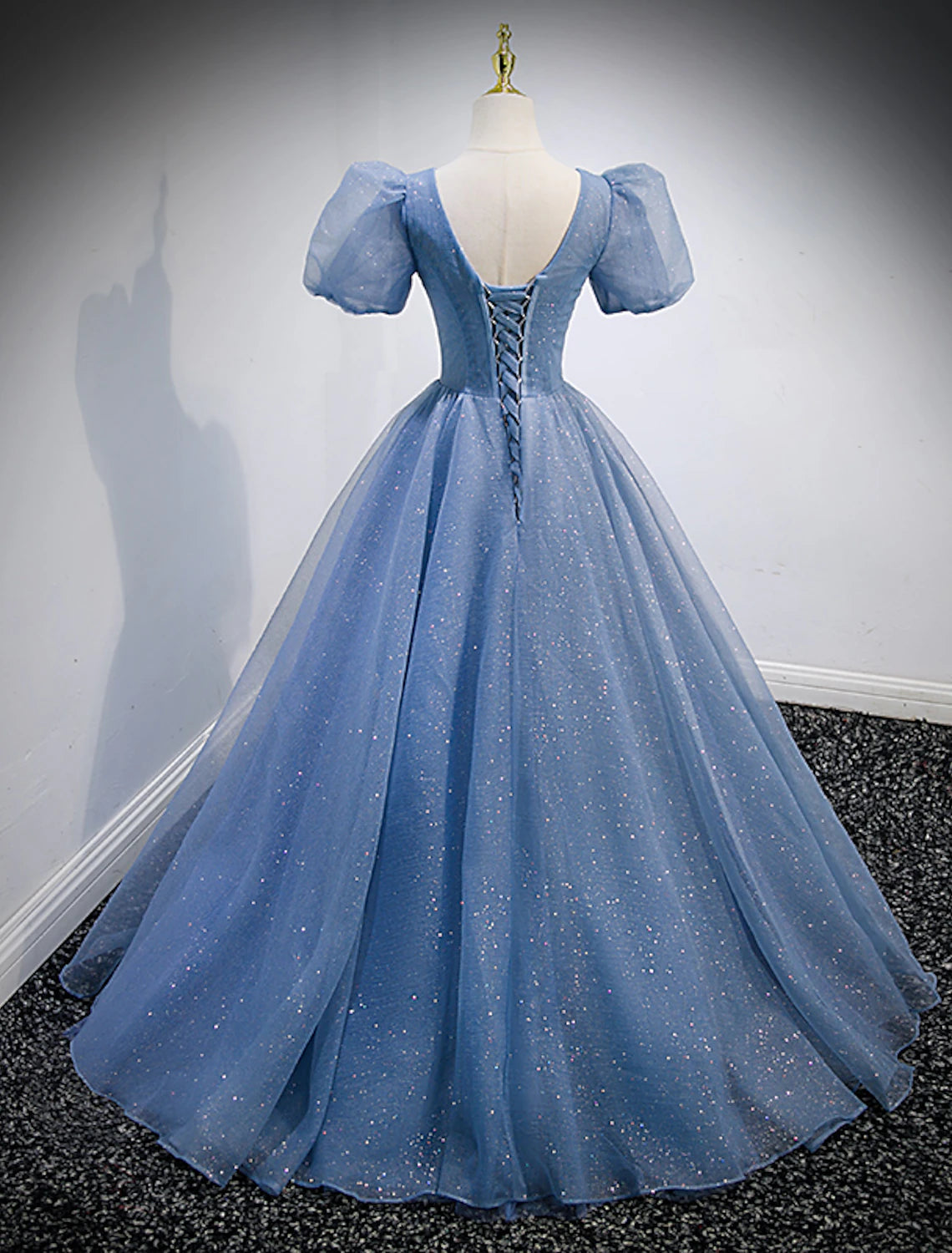 A-Line Prom Dresses Puffy Dress Wedding Guest Quinceanera Floor Length Short Sleeve V Neck Tulle