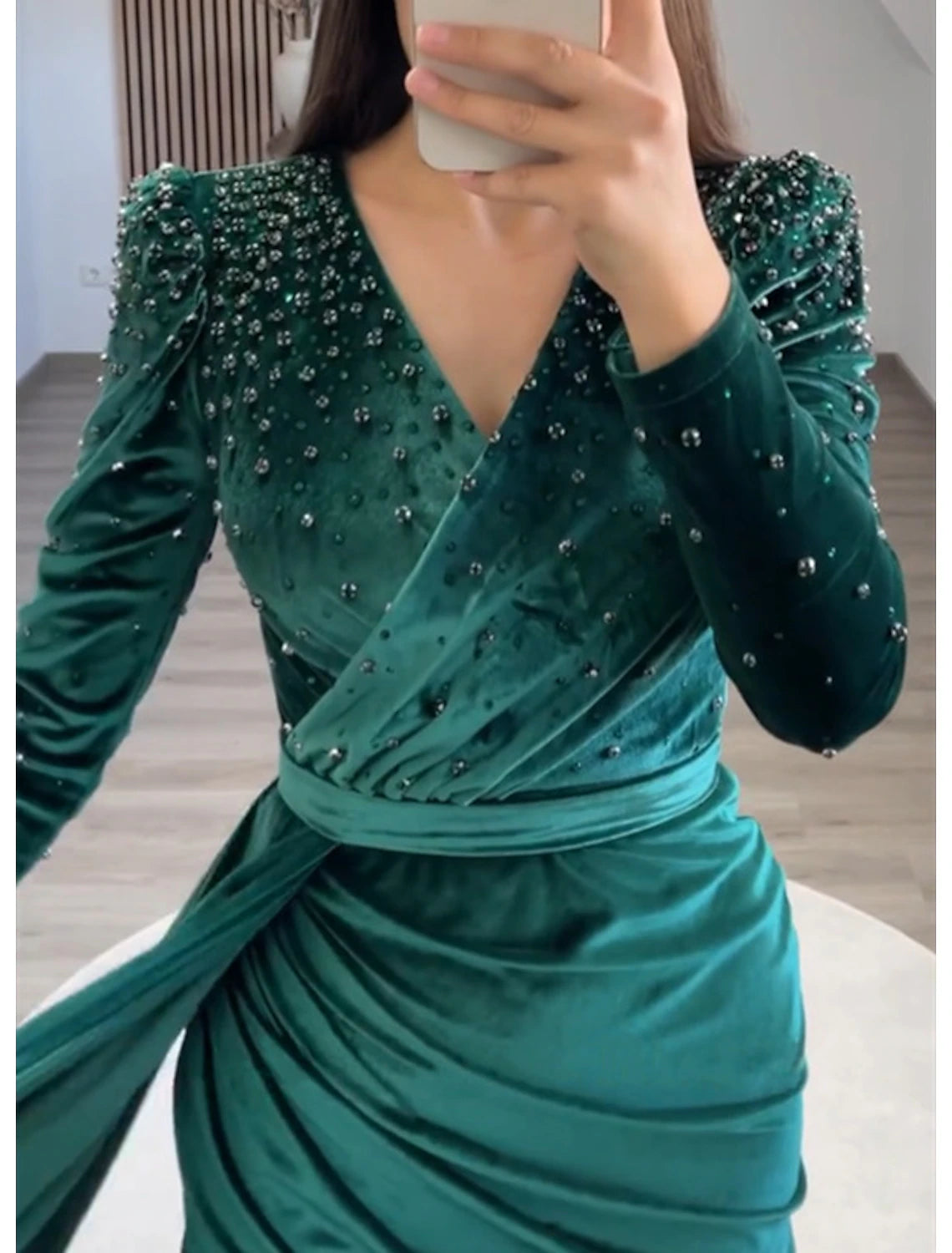 Mermaid / Trumpet Evening Gown Elegant Dress Formal Black Tie Gala Floor Length Long Sleeve V Neck Fall Wedding Guest Velvet with Ruched