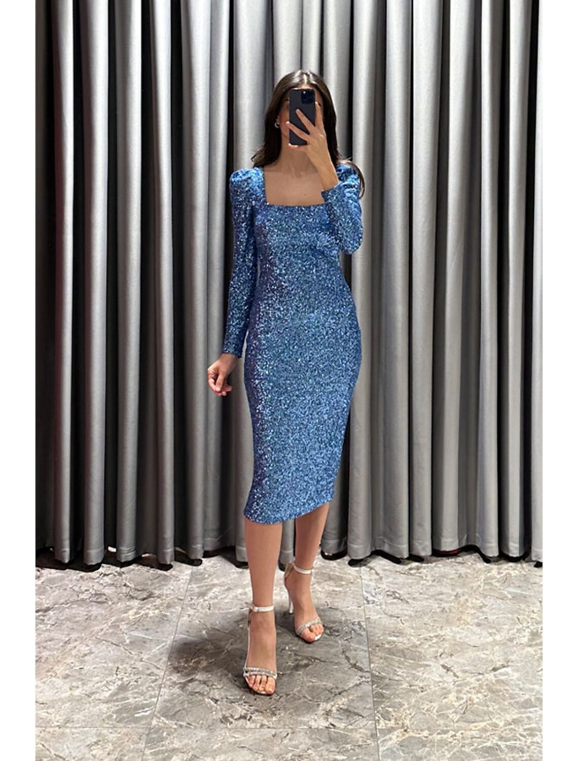 Sheath / Column Evening Gown Elegant Black Dress Formal Fall Tea Length Long Sleeve Square Neck Sequined