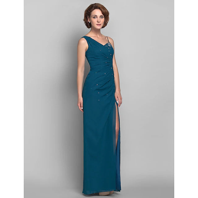 Sheath / Column Mother of the Bride Dress Furcal One Shoulder Floor Length Chiffon Sleeveless