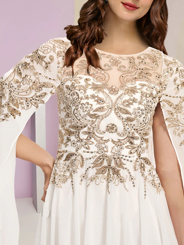 Plus Size Curve Mother of the Bride Dress Wedding Guest Party Luxurious Jewel Neck Floor Length Chiffon Lace Sequined Long Sleeve