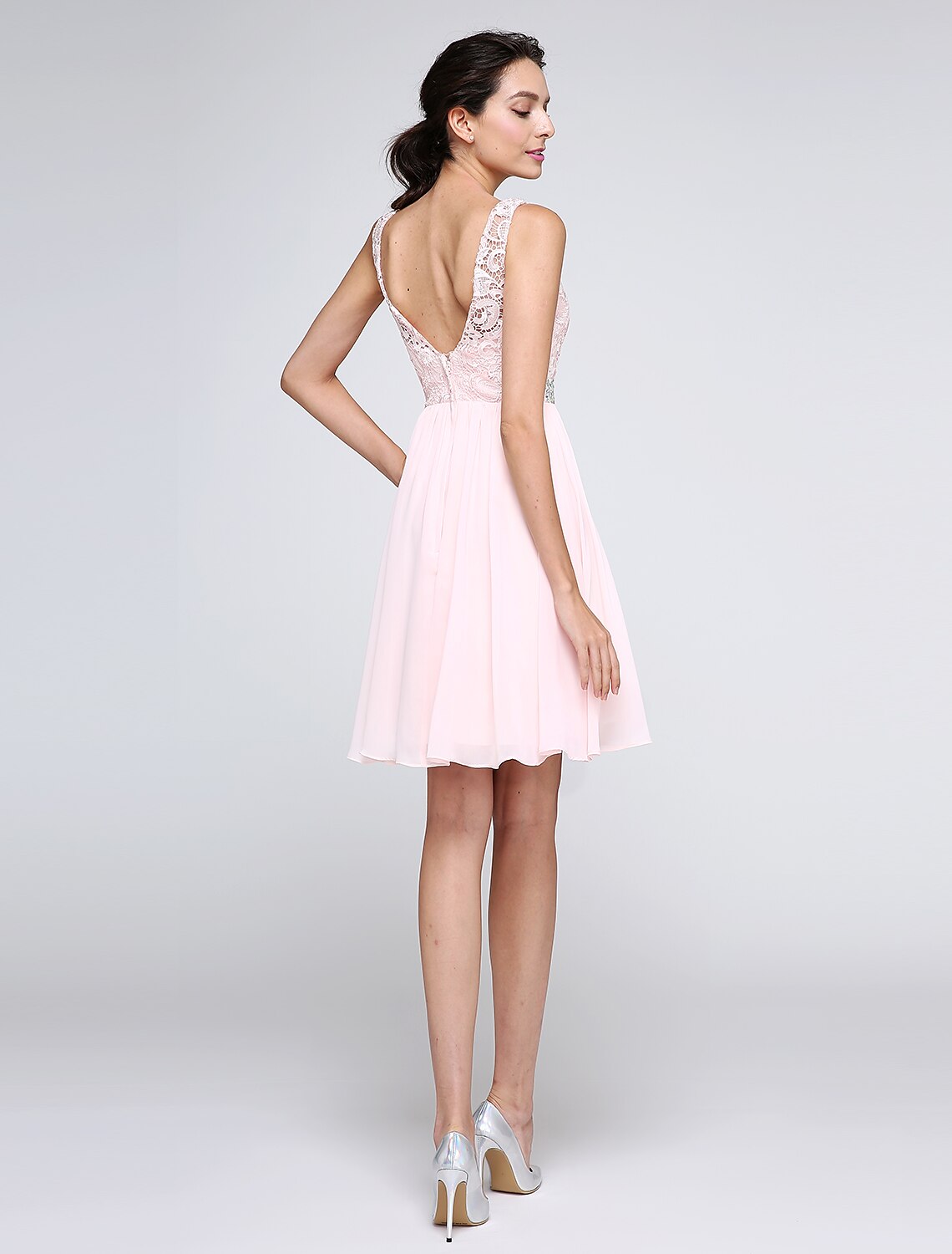 A-Line Special Occasion Dresses Party Dress Homecoming Graduation Short / Mini Sleeveless Illusion Neck Pink Dress Chiffon V Back Low Back