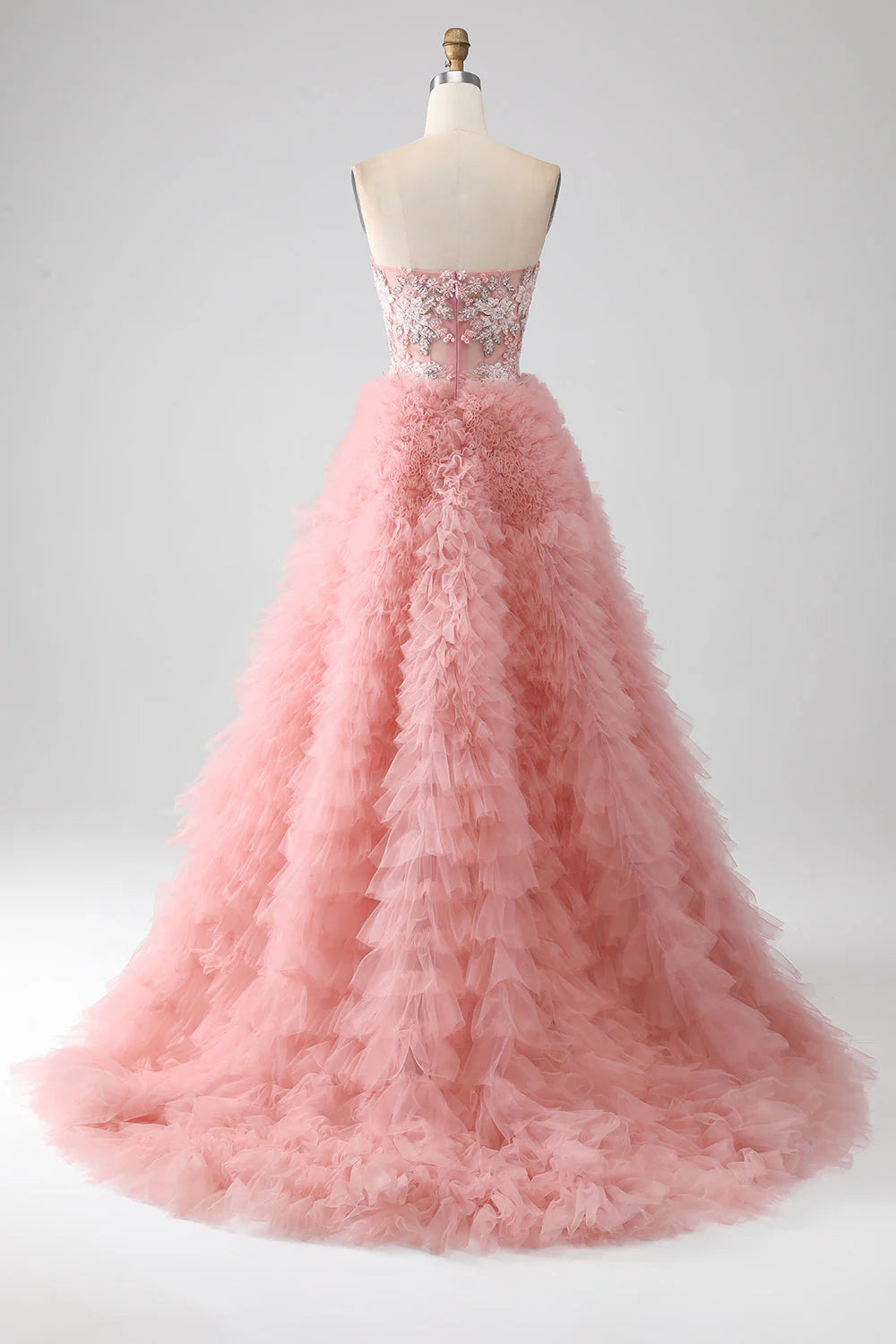 A-Line Strapless Beaded Tiered Long Prom Dress Off Shoulder With Flowers