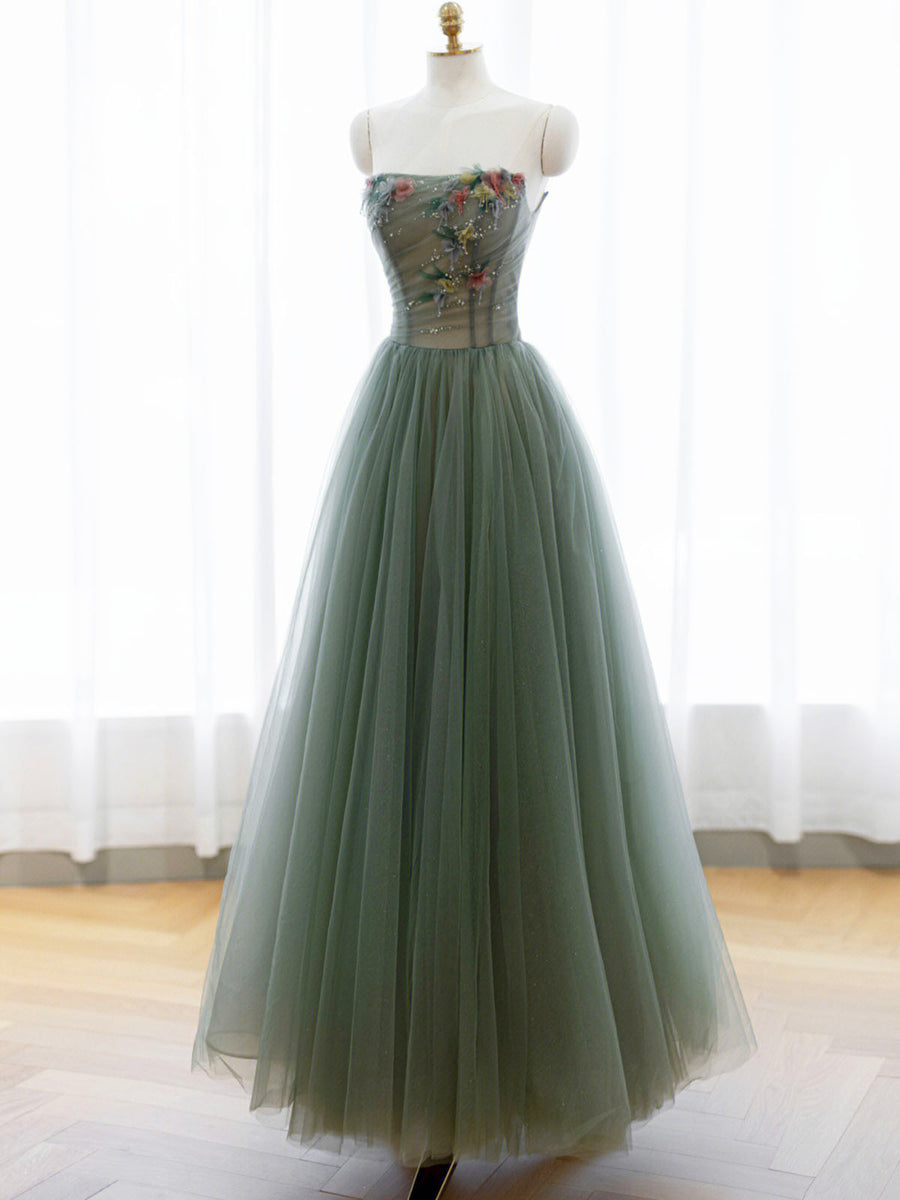 A-Line Green Tulle Long Prom Dress Off the Shoulder Evening Party Dress Sexy