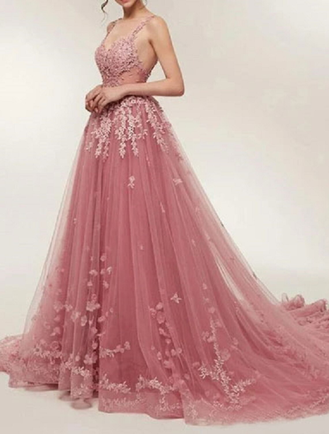 Ball Gown Evening Gown Luxurious Dress Engagement Court Train Sleeveless V Neck Tulle