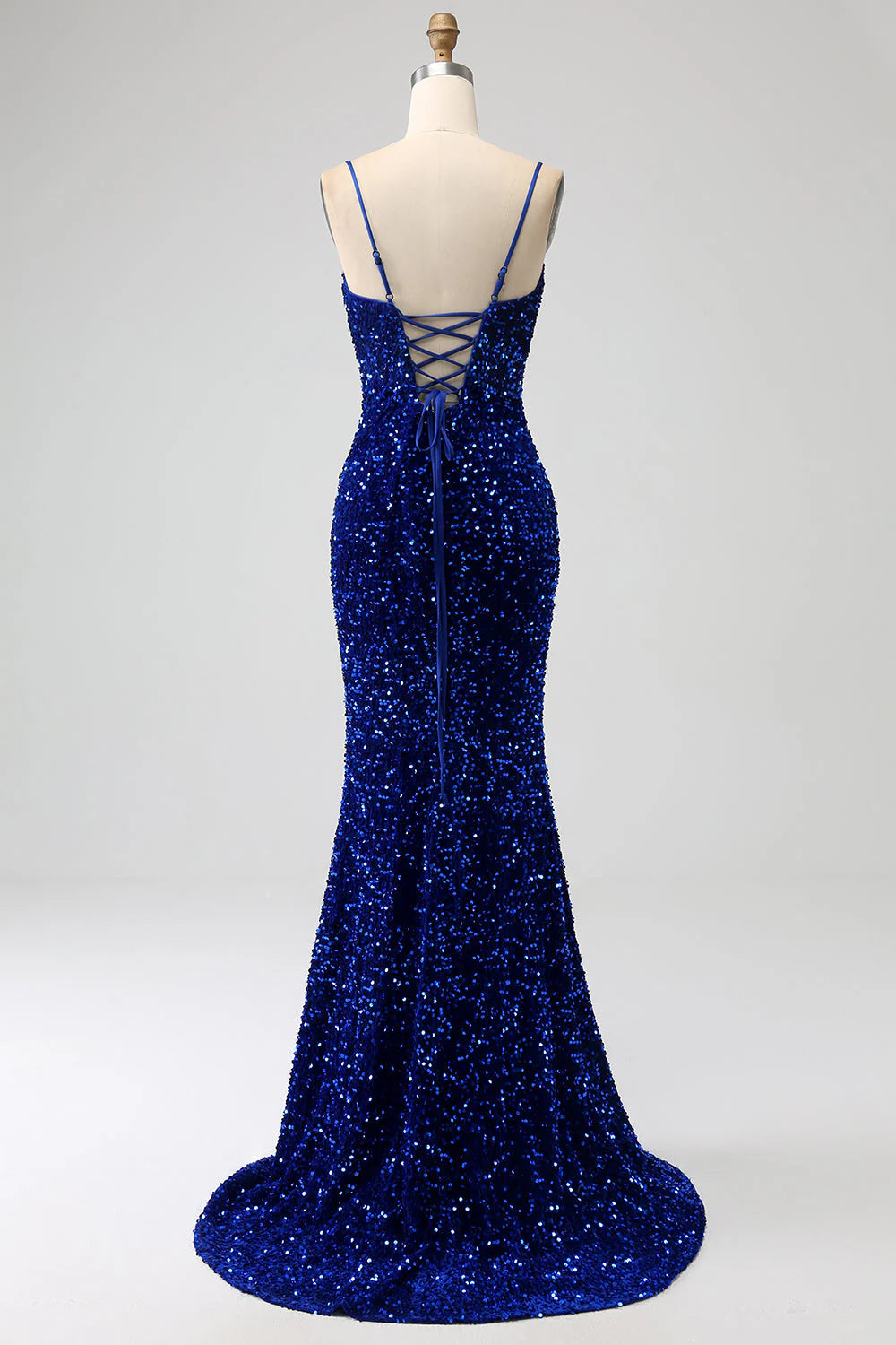 Mermaid Spaghetti Straps Velvet Sequin Long Prom Dress Pure Color Sparkly