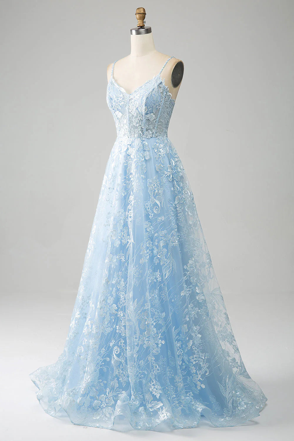 A-Line Spaghetti Straps Lace Long Corset Prom Dress V-neck Sexy
