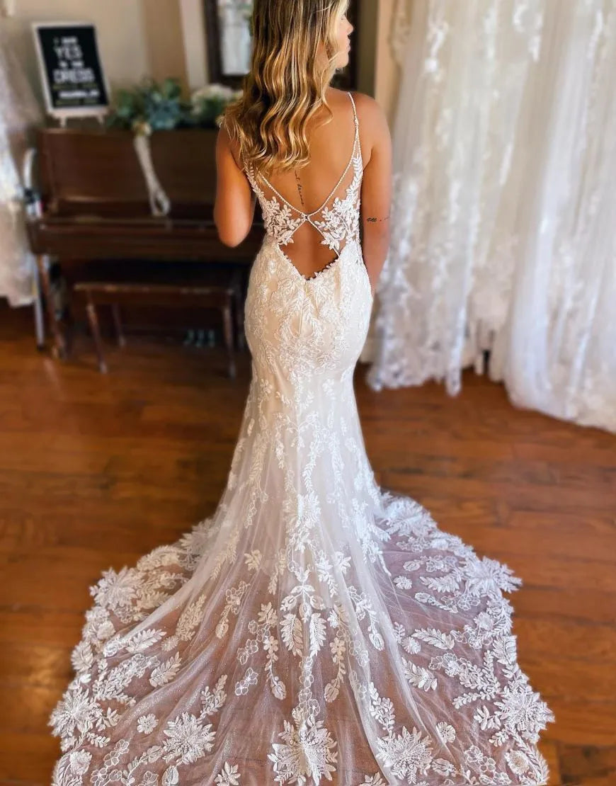Mermaid Spaghetti Straps Back Wedding Dress V-neck Sexy Long