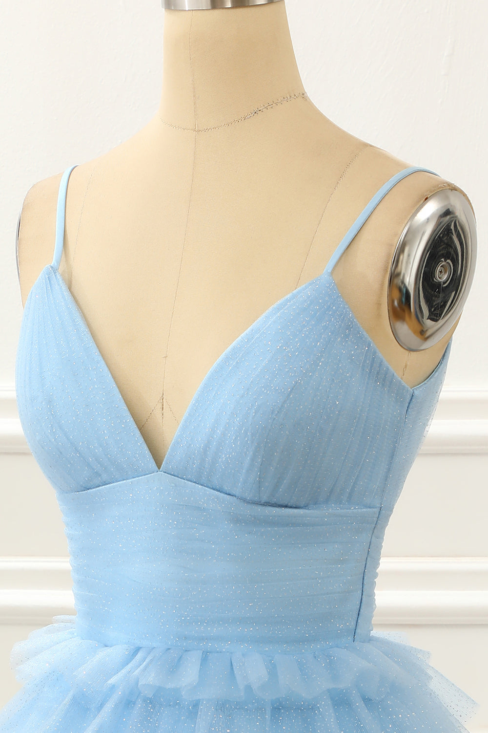 Light Blue A-Line Cute Homecoming Dress With Ruffles V-neck Short