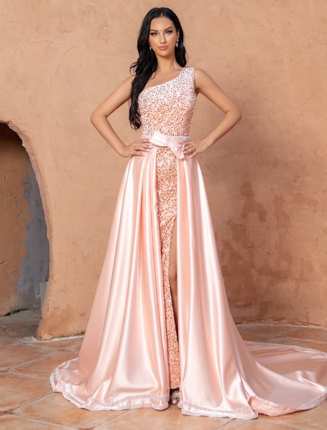 A-Line Mermaid / Trumpet Cocktail Dresses Sexy Dress Wedding Party Court Train Sleeveless One Shoulder Sequined with Sequin