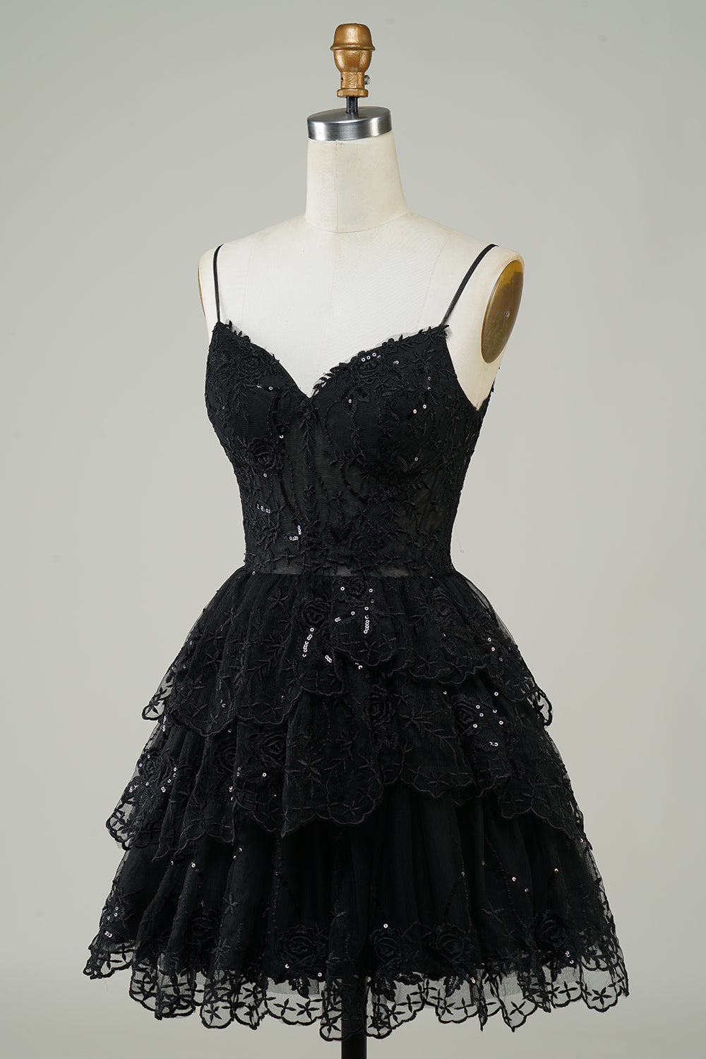 Cute Black A Line Sparkly Sequin Tiered Corset Short Homecoming Dress Beautiful