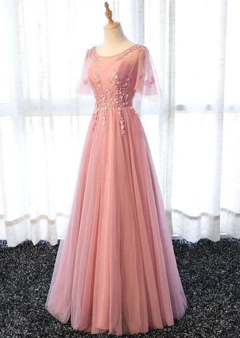 Pink Tulle A-line Long Party Dress Bridesmaid Dress A Line Short Sleeves Floor Length Prom Dress
