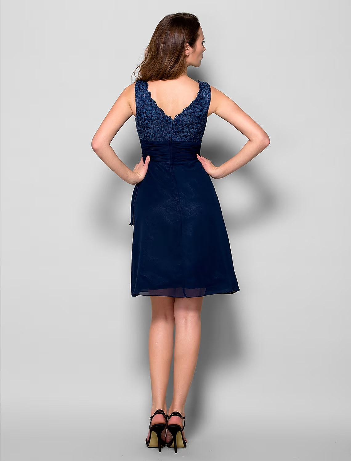A-Line Mother of the Bride Dress Wrap Included V Neck Knee Length Chiffon Lace Bodice Sleeveless with Lace Ruched Crystal