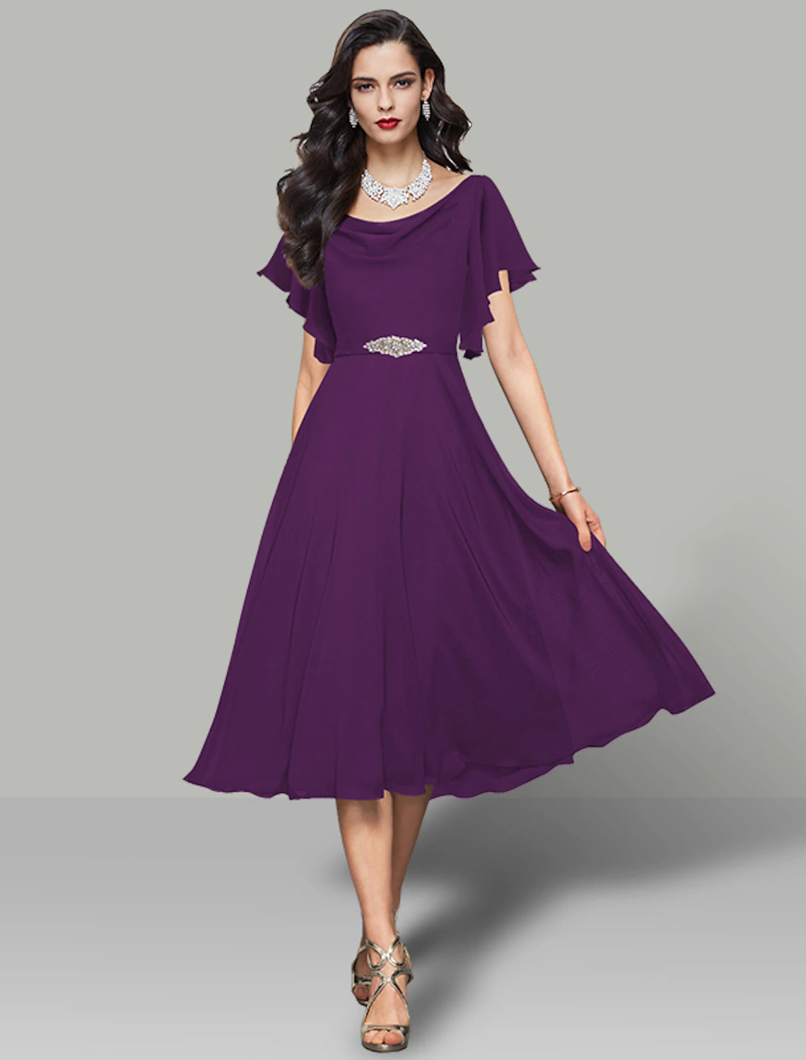 A-Line Wedding Guest Dresses Elegant Dress Cocktail Party Kentucky Derby Tea Length Short Sleeve Cowl Neck Belt / Sash Chiffon