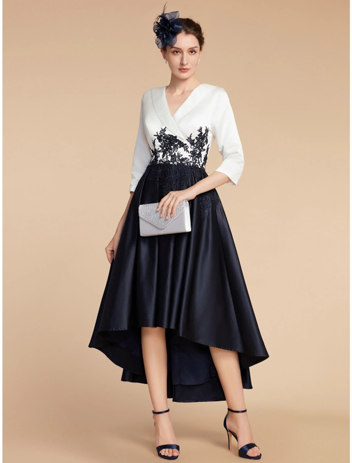 A-Line Mother of the Bride Dress Wedding Guest Elegant Petite V Neck Asymmetrical Satin Lace Half Sleeve