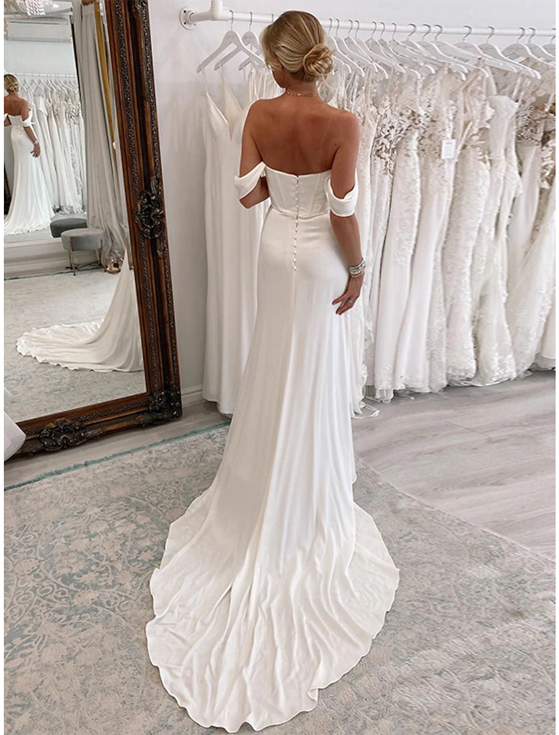 Reception Formal Wedding Dresses Sheath / Column Off Shoulder Sleeveless Court Train Stretch Fabric Bridal Suits Bridal Gowns With Pleats