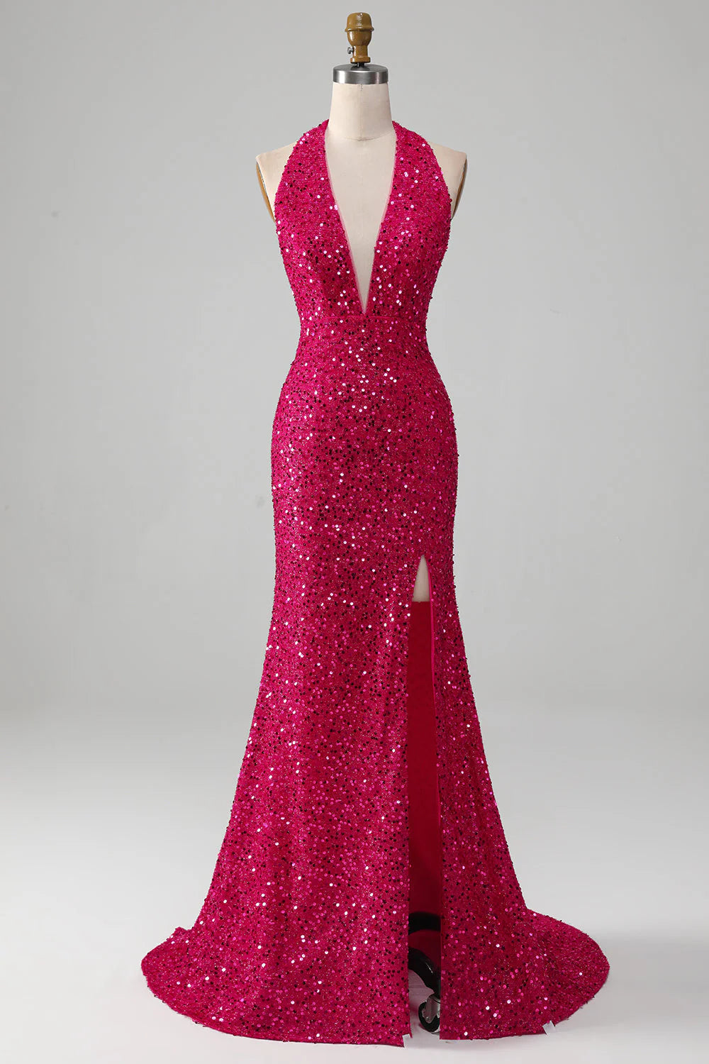 Mermaid Halter Sequin Prom Dress With Slit V-neck Sexy Sparkly