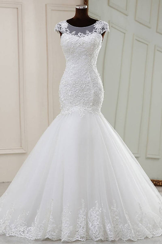 Elegant White Beaded Embroidered Cap Sleeve Trumpet Wedding Dress Long