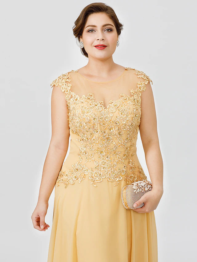 A-Line Mother of the Bride Dress Plus Size Elegant Illusion Neck Sweep / Brush Train Chiffon Beaded Lace Short Sleeve No with Bow(s)