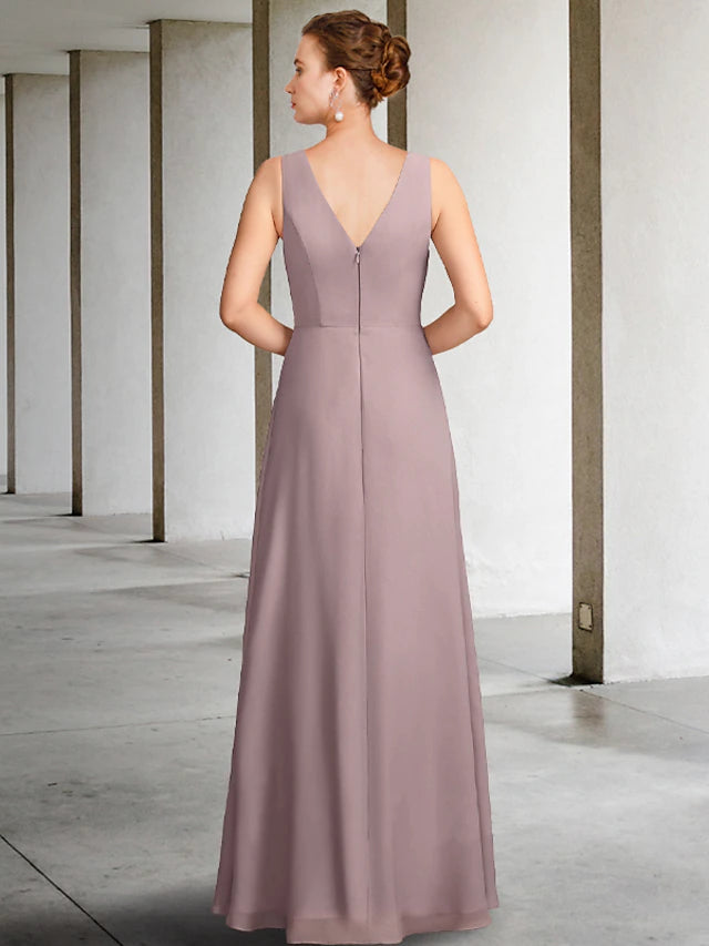 Two Piece Mother of the Bride Dress Plus Size Elegant V Neck Floor Length Chiffon Sleeveless Wrap Included Jacket Dresses with Pleats