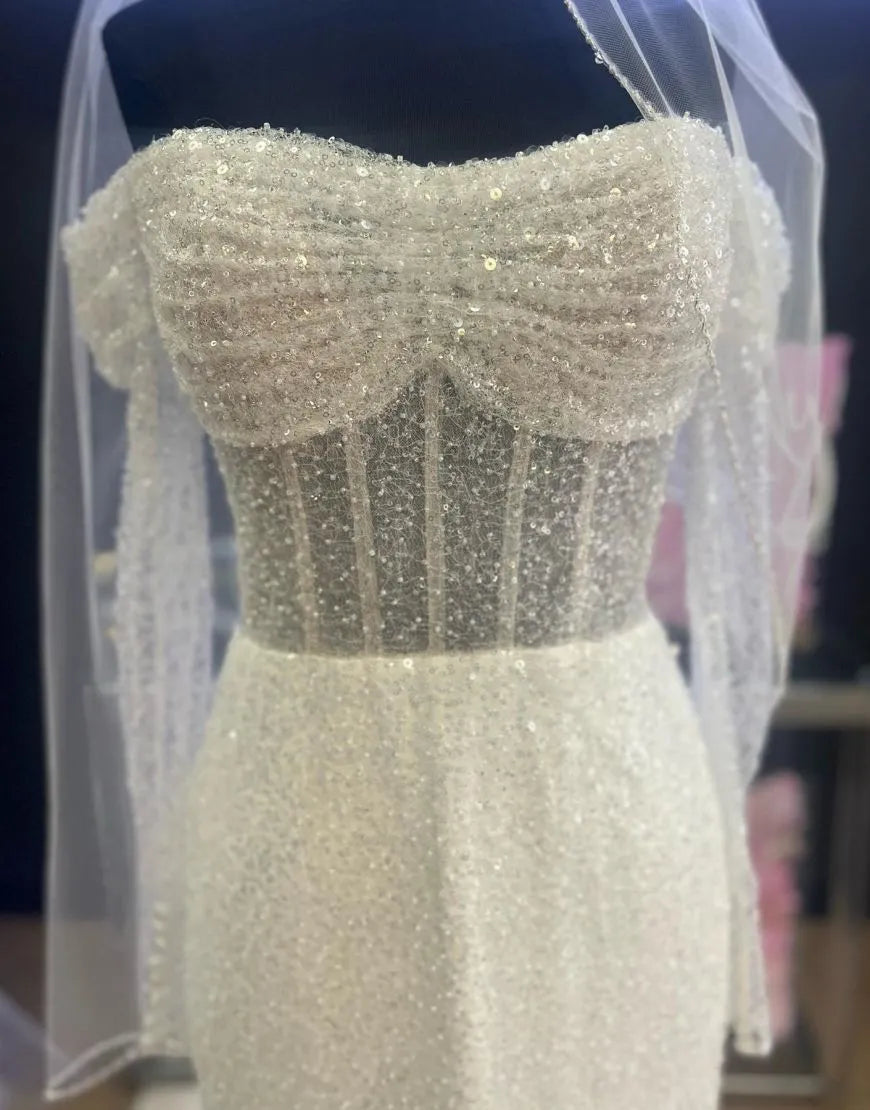 Sheath Column The Shoulder Wedding Dress With Sequin Off Shoulder Sparkly Without Headscarf