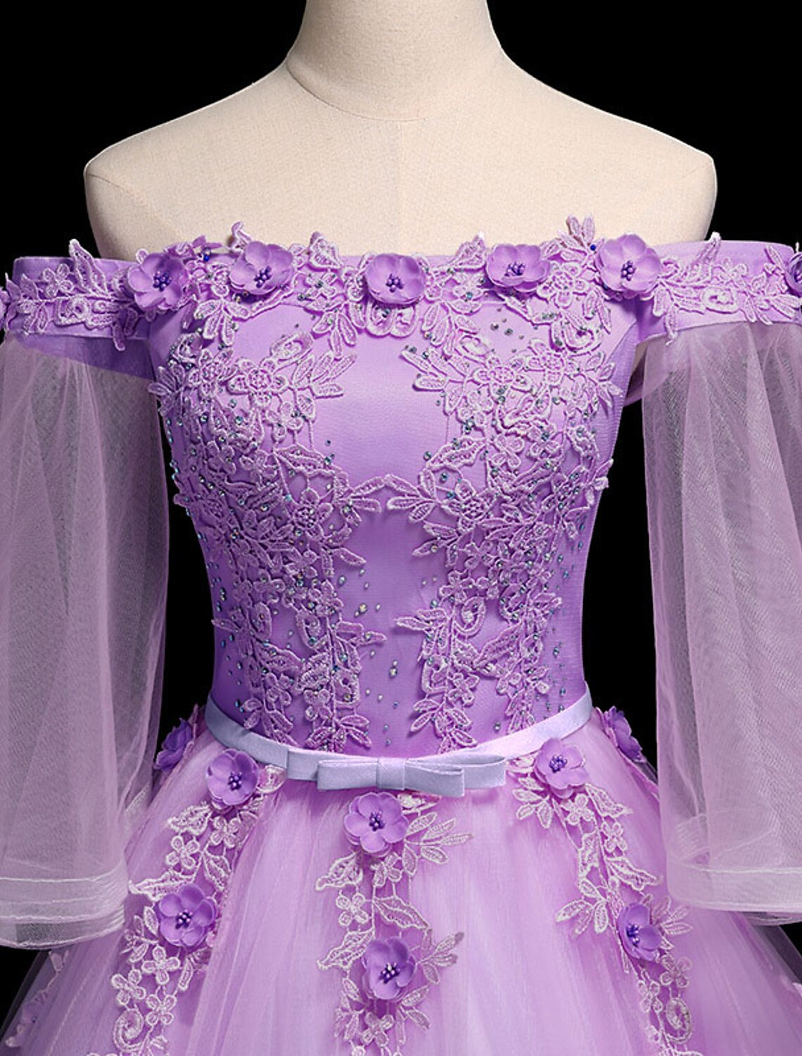 Ball Gown Luxurious Floral Quinceanera Prom Birthday Dress Off Shoulder 3/4 Length Sleeve Floor Length Tulle with Sash / Ribbon