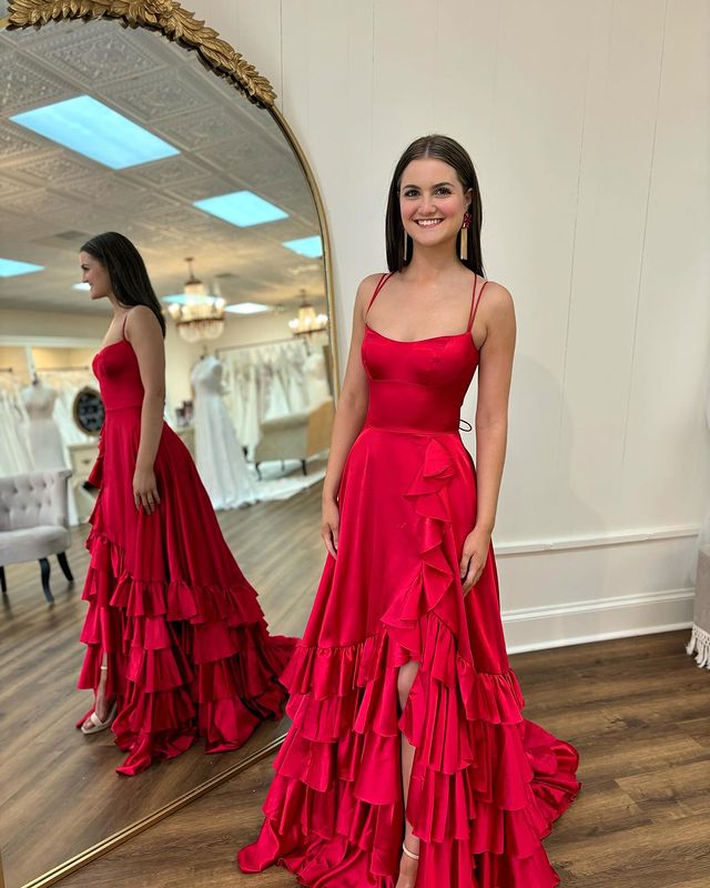 Sexy Side Slit Long Spaghetti Straps Prom Dresses with Flounced Evening Dresses