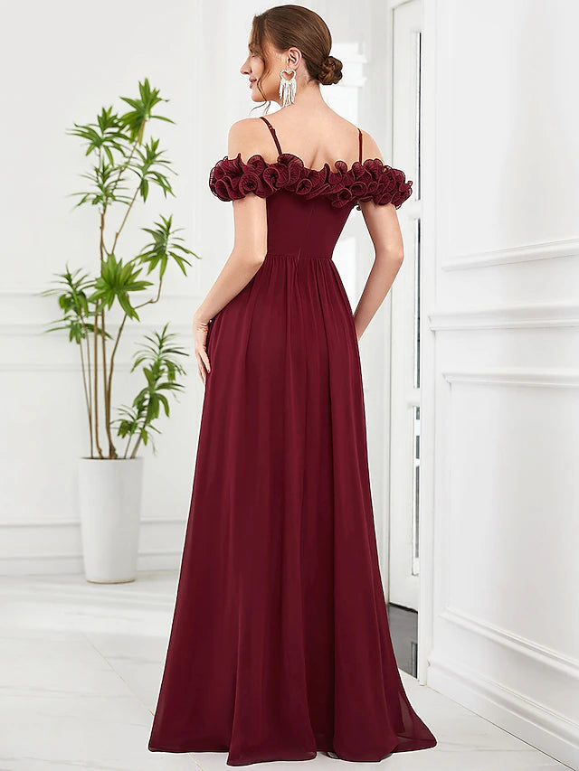 A-Line Prom Dresses Vintage Dress Wedding Guest Floor Length Sleeveless Off Shoulder Chiffon with Appliques Flower