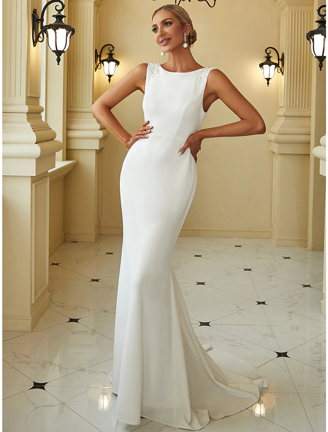 Reception Casual Wedding Dresses Mermaid / Trumpet Scoop Neck Sleeveless Sweep / Brush Train Stretch Fabric Bridal Gowns With Beading