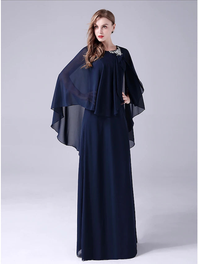 A-Line Mother of the Bride Dress Elegant Sweet Jewel Neck Floor Length Chiffon Sleeveless with Crystals