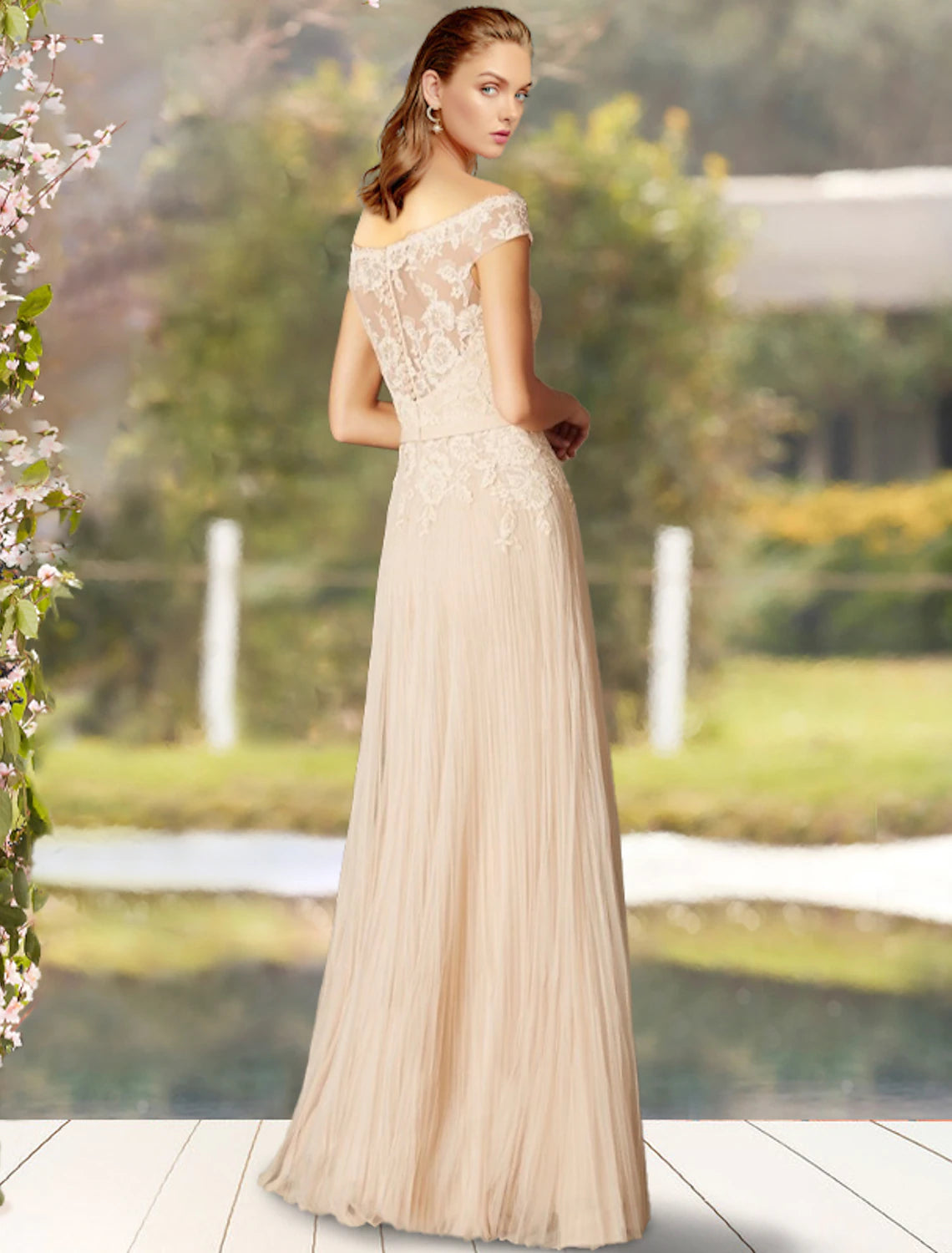 A-Line Mother of the Bride Dress Elegant Off Shoulder Floor Length Lace Tulle Short Sleeve with Bow(s) Pleats
