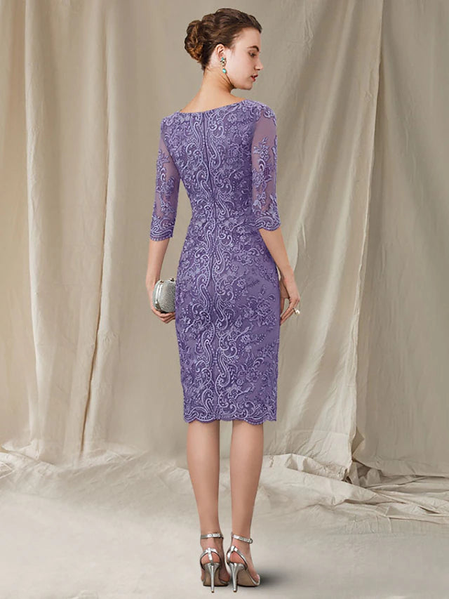 Sheath / Column Mother of the Bride Dress Elegant Bateau Neck Knee Length Chiffon Lace 3/4 Length Sleeve
