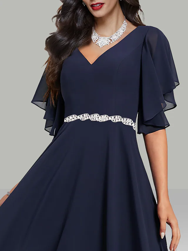 A-Line Wedding Guest Dresses Elegant Dress Cocktail Party Tea Length Short Sleeve V Neck Belt / Sash Chiffon with Rhinestone Glitter
