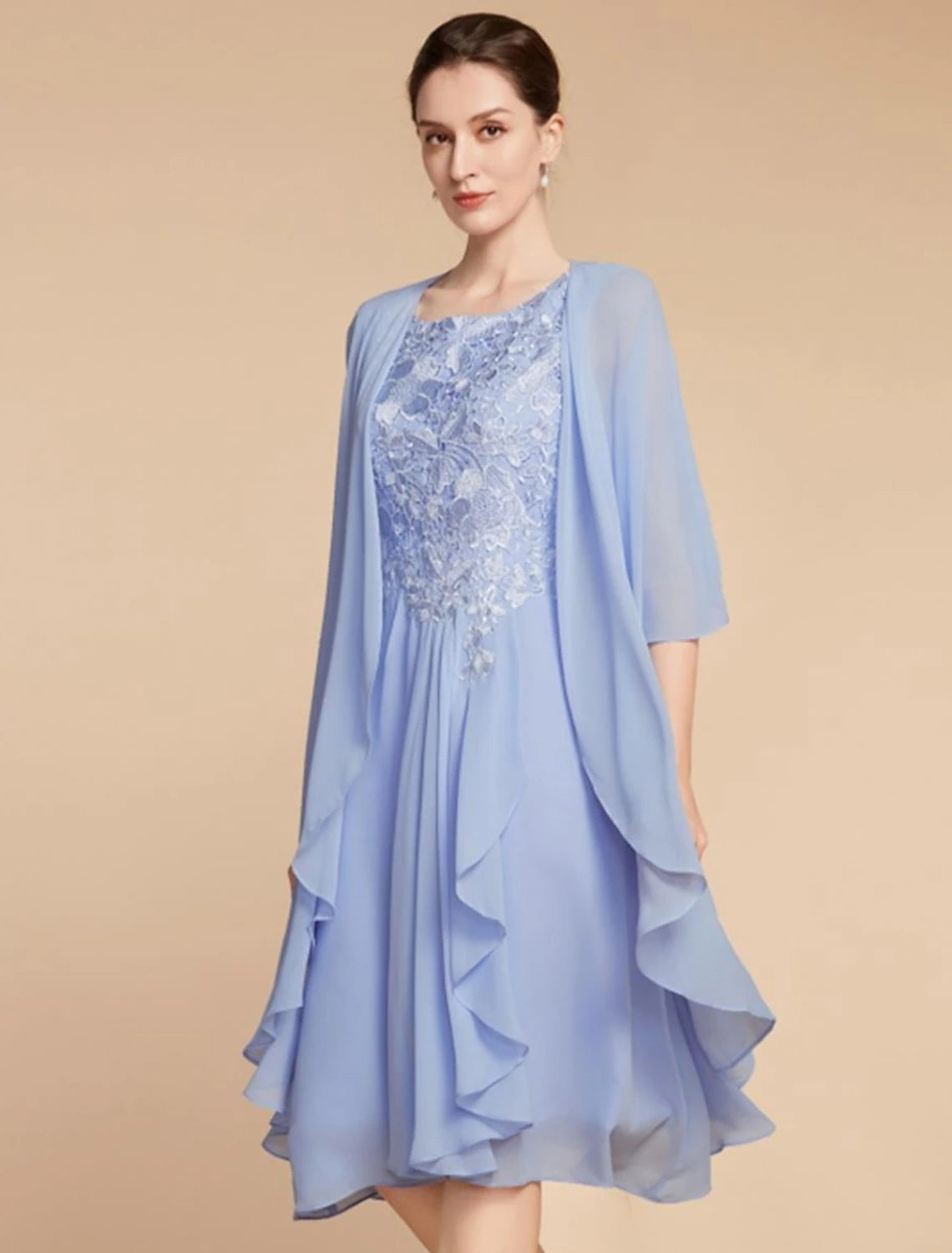 Two Piece Sheath / Column Mother of the Bride Dress Wedding Guest Elegant Petite Scoop Neck Knee Length Chiffon Lace Half Sleeve with Ruching