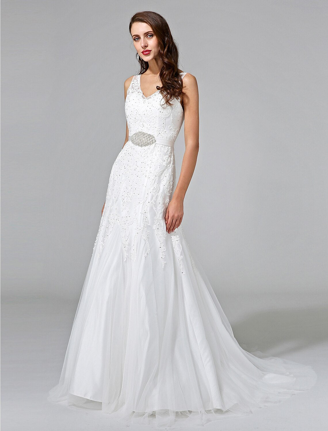 Wedding Dresses A-Line V Neck Sleeveless Court Train Lace Bridal Gowns With Sash Beading