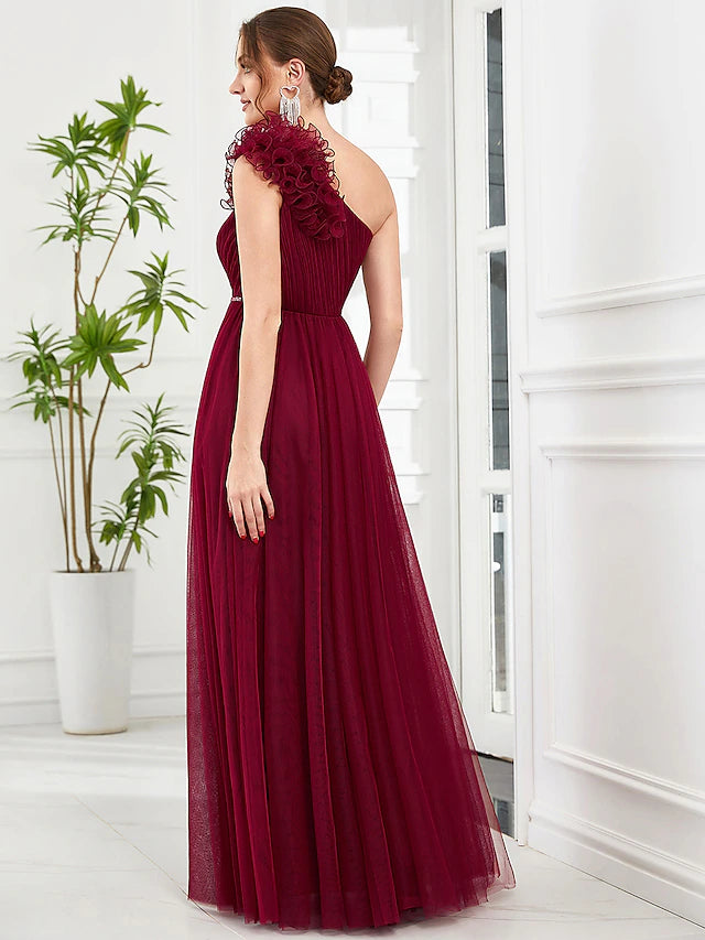 A-Line Prom Dresses Vintage Dress Wedding Party Floor Length Sleeveless One Shoulder Tulle