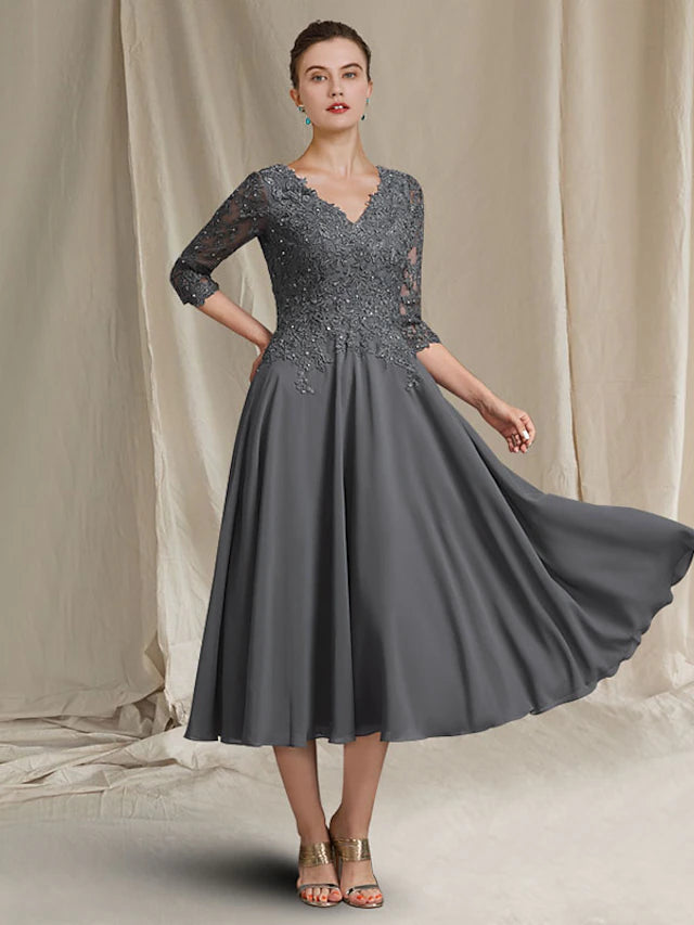 A-Line Mother of the Bride Dress Plus Size Elegant V Neck Tea Length Chiffon Lace 3/4 Length Sleeve