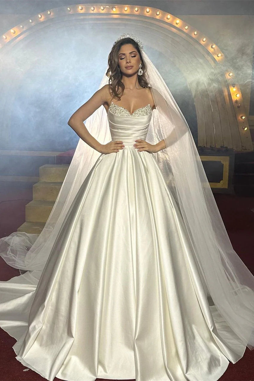 Ivory Satin Wedding Dress Ball Gown Beaded Sweetheart Bridal Dress Off Shoulder Floor Length