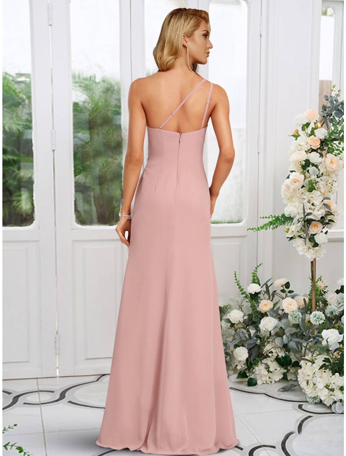 A-Line Bridesmaid Dress One Shoulder Sleeveless Elegant Floor Length Chiffon with Split Front