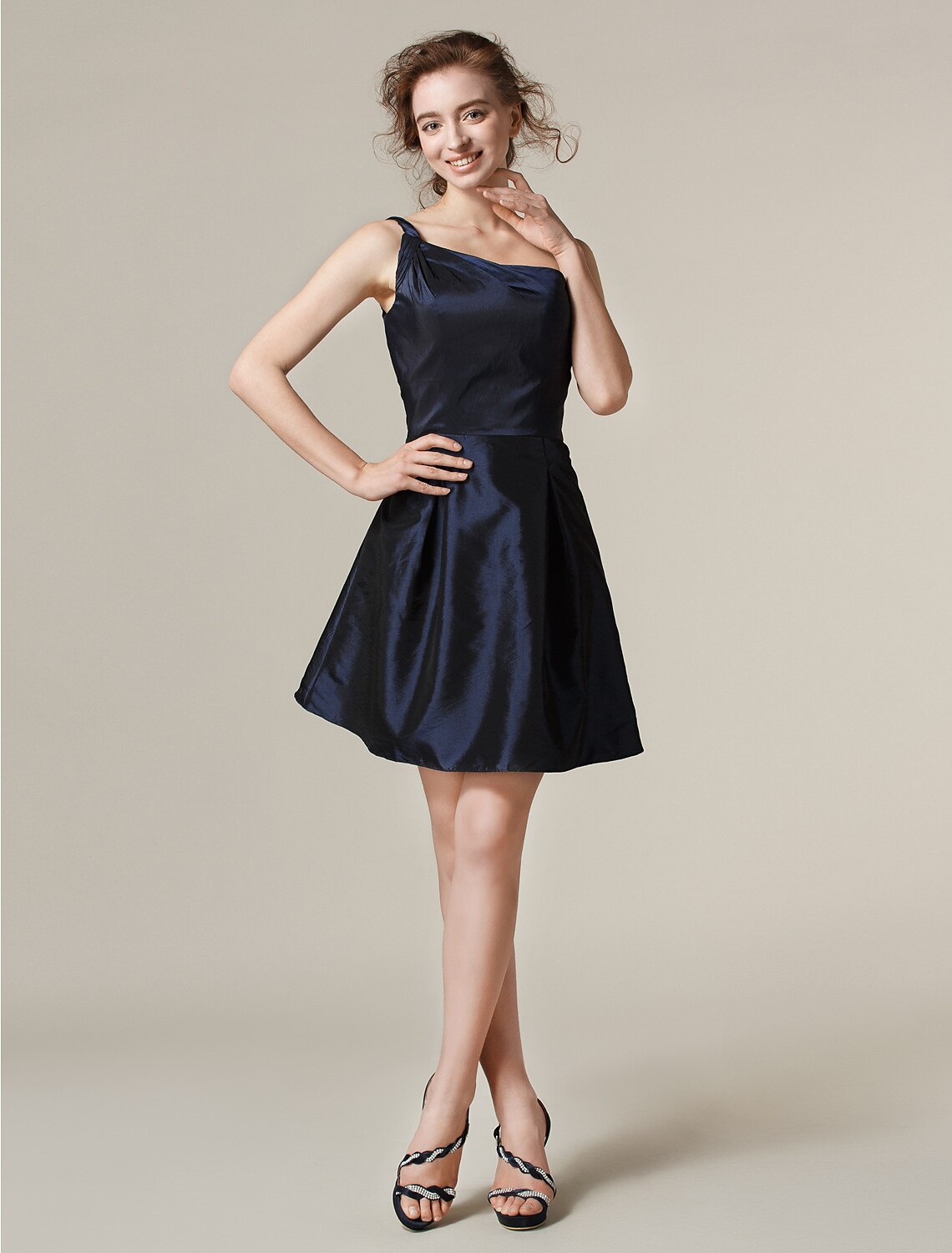 A-Line / Princess One Shoulder Short Taffeta Bridesmaid Dress with Pleats pure color