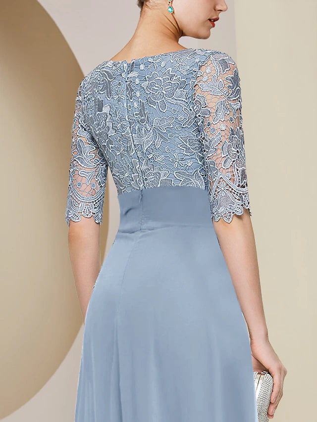 XIAOPINWU DRESS Sheath / Column Mother of the Bride Dress Formal Wedding Guest Elegant V Neck Knee Length Chiffon Lace Half Sleeve