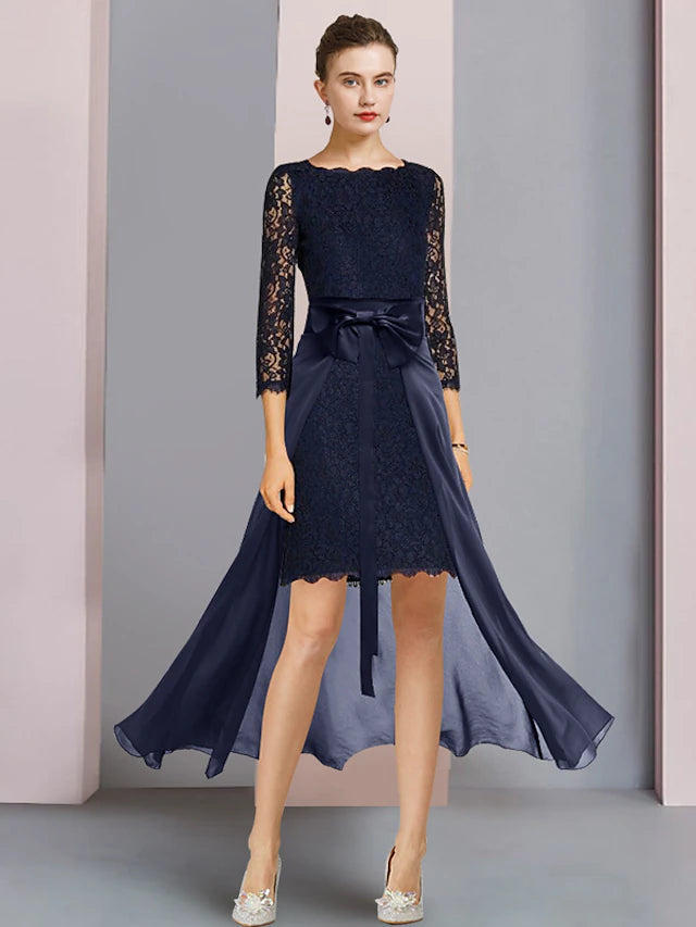 Two Piece Sheath / Column Mother of the Bride Dress Formal Wedding Guest Elegant Scoop Neck Knee Length Chiffon Lace 3/4 Length Sleeve