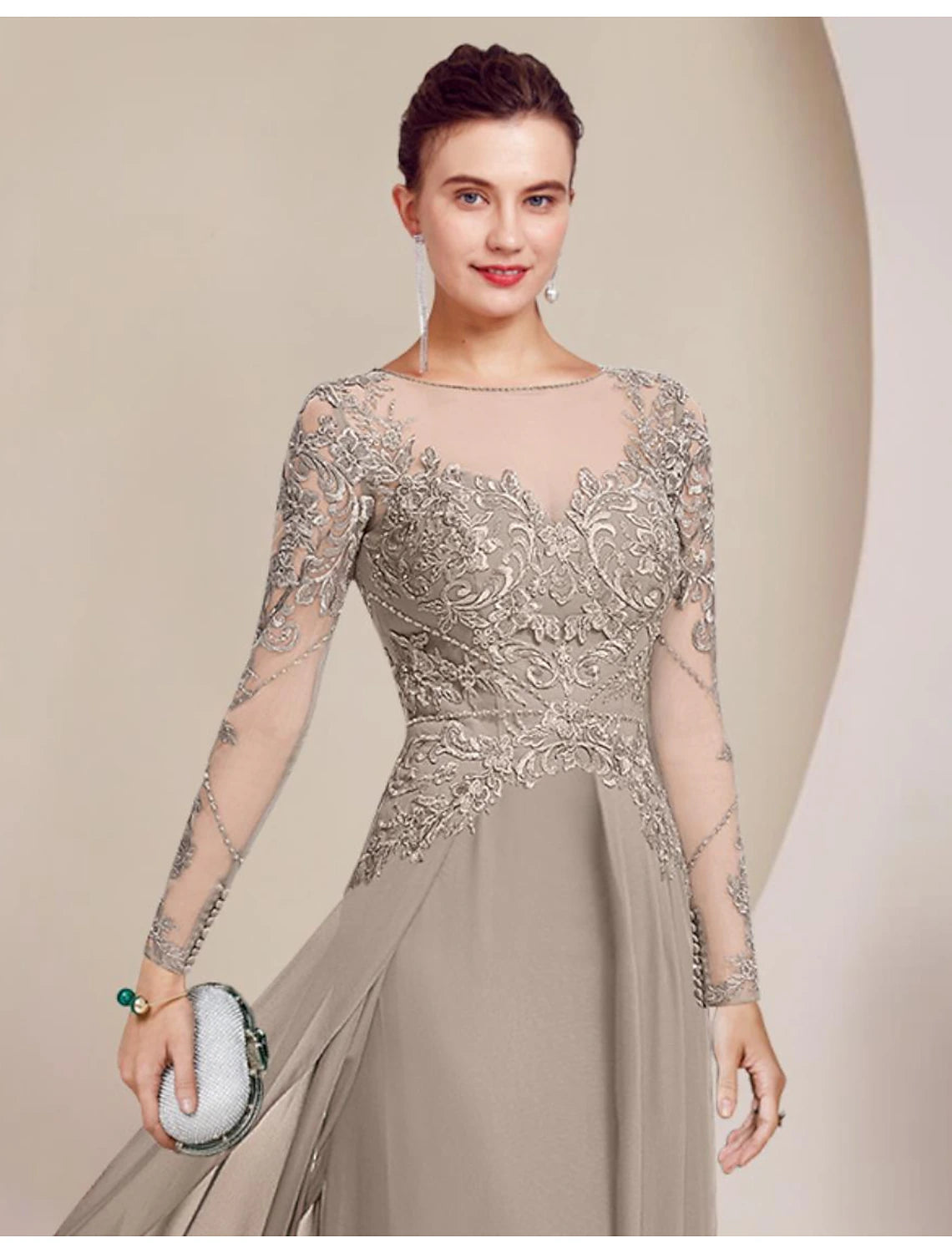 Sheath / Column Mother of the Bride Dress Formal Wedding Guest Elegant Scoop Neck Floor Length Chiffon Lace Long Sleeve with Beading