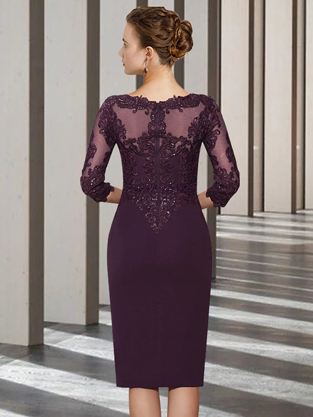 Two Piece A-Line Mother of the Bride Dress Church Elegant Jewel Neck Knee Length Chiffon Lace 3/4 Length Sleeve Jacket Dresses