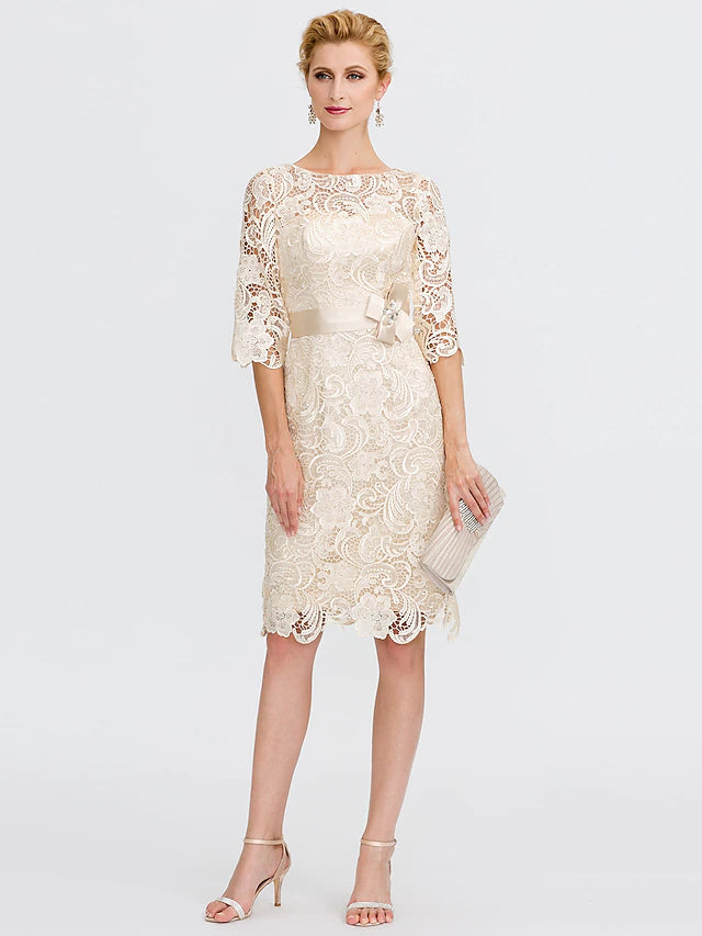 Sheath / Column Mother of the Bride Dress Formal Wedding Guest Plus Size Elegant Illusion Neck Knee Length All Over Lace 3/4 Length Sleeve