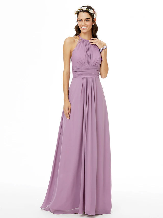 Sheath / Column Bridesmaid Dress Jewel Neck Sleeveless Beautiful Back Floor Length Chiffon with Lace / Sash / Ribbon